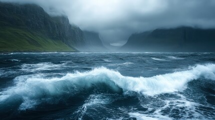 Obraz premium Dramatic ocean waves crashing against a foggy coastline.