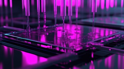 A detailed image focusing on a microfluidic chip designed for proteomic analysis capturing the intricate network of channels and chambers etched on a reflective surface with fluorescently