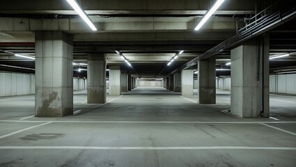 Spacious industrial underground parking garage with fluorescent lighting