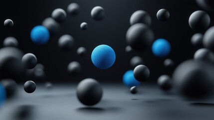 Abstract 3D rendering of floating blue and black spheres.