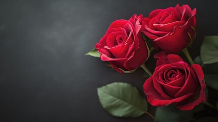 Three Dark Red Roses Against Dark Background