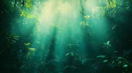 Obraz premium Serene sunlight filters through lush rainforest foliage.