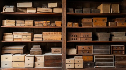 Dusty wooden shelves filled with antique boxes and drawers.