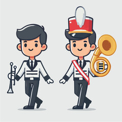 Two cheerful cartoon musicians in marching band uniforms playing instruments