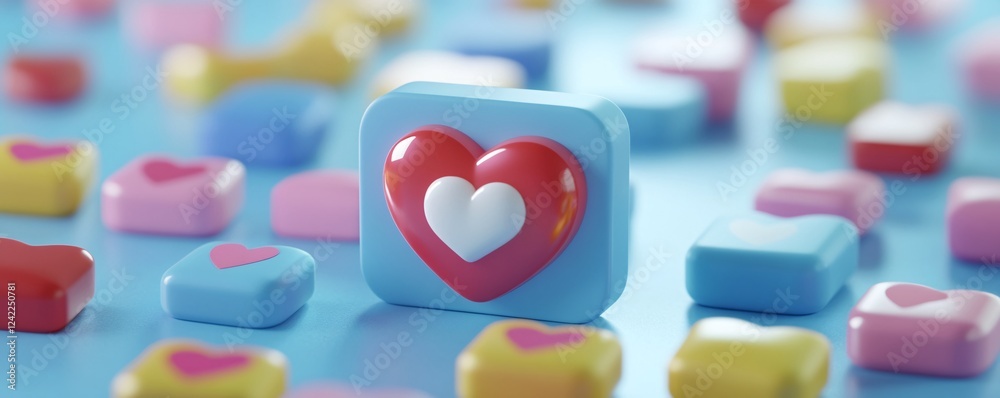 Poster Stand out from the crowd with a heart: blue rounded square on a vibrant background of colorful squares