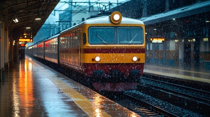 Fototapeta premium A vintage train waits at the rainy platform during a stormy afternoon.