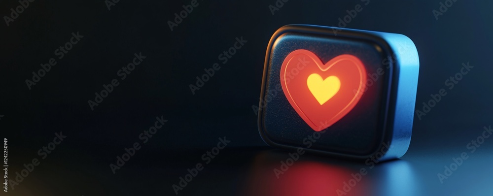 Aufkleber glowing red heart icon is inside a square on a dark background