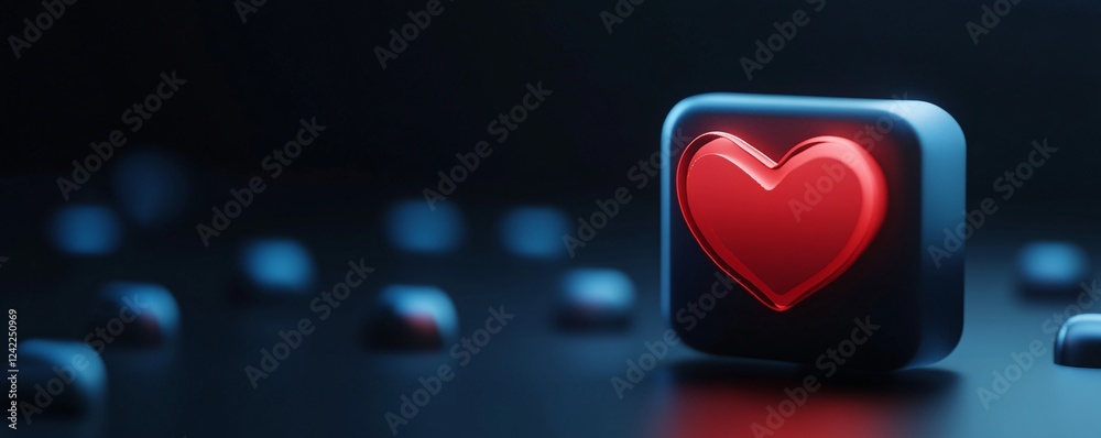 Poster red heart icon glowing inside dark rounded square, standing out in the dark