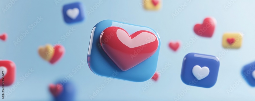 Poster 3d rendering of a red heart icon on a blue rounded square, surrounded by various colorful icons, floating against a blue backdrop