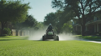 Lawn Care Professional Mowing Green Grass in Residential Area