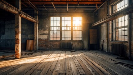 Sunlit abandoned industrial loft with weathered floors