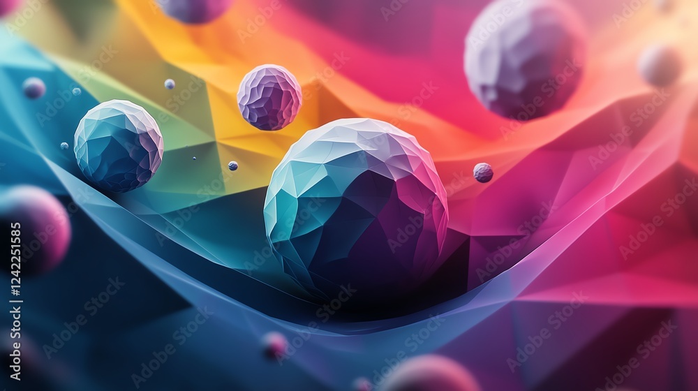 Poster colorful geometric spheres float through a vibrant abstract space with dynamic gradients creating an