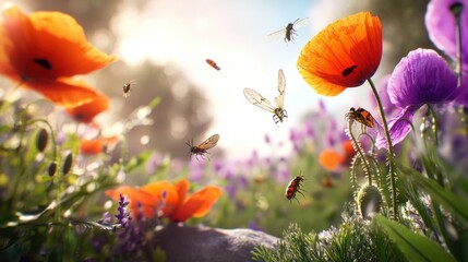 Vibrant Orange And Purple Poppies In Sunny Field With Insects