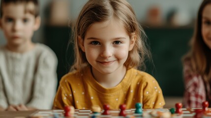National Day of Unplugging concept. Cheerful Girl Enjoying Family Board Game in Cozy Living Room