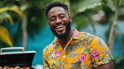 National Day of Unplugging concept. Cheerful Man Enjoying Tropical Outdoor Party in Backyard with Palm Trees