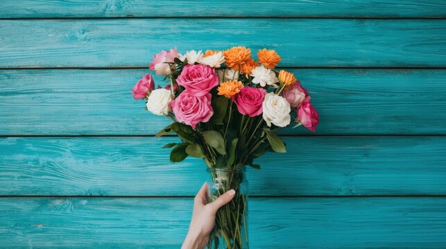 National Day of Unplugging concept. Beautifully Arranged Floral Bouquet on Rustic Turquoise Wooden Background