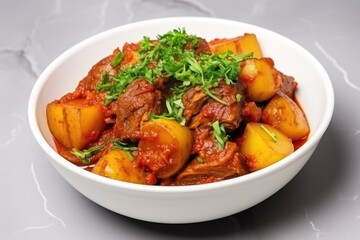 Meaty potatoes cooked in tomato sauce with spices herbs on a white table without people