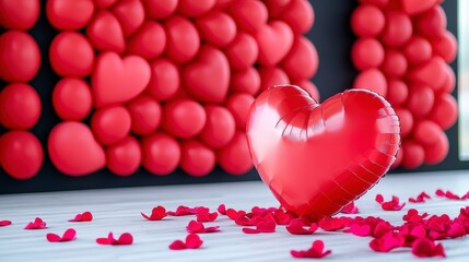 Obraz premium Vibrant Red Heart Decor with Balloons and Petals for Celebrations