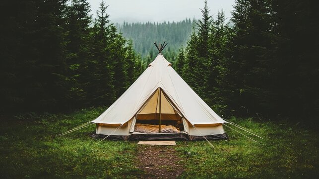 National Day of Unplugging concept. Cozy Tent Nestled in Lush Forest for Peaceful Outdoor Retreat