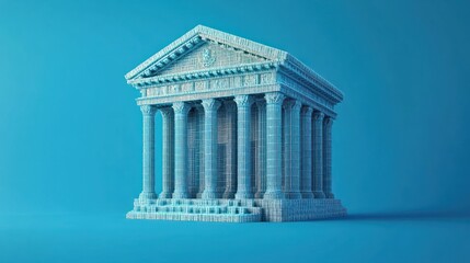 Fototapeta premium Grecian temple, 3D model, blue background.