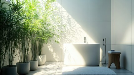 Modern Minimalist Bathroom with Bathtub and Lush Green Plants