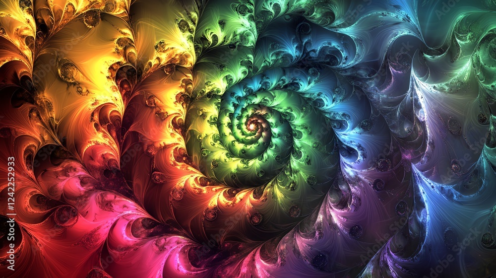 Poster vibrant spiral pattern created with intricate fractal design showcases colors blending harmoniously 