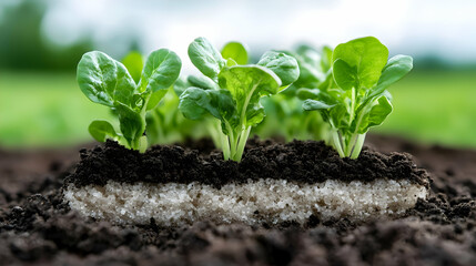 Young plants sprouting from soil, bread base, nature background