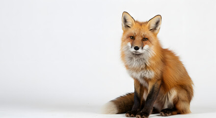 Fototapeta premium red fox sitting with its tail curled around its body, staring attentively against a clean white backdrop