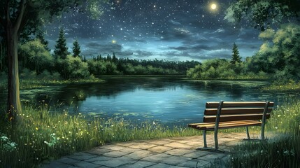 Obraz premium Serene lakeside under a starry night sky with a bench for contemplation.