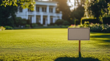 Empty sign sits on a vibrant green lawn in front of a pristine white house, ideal for promoting real estate