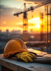 Construction Helmet and Gloves at Sunset