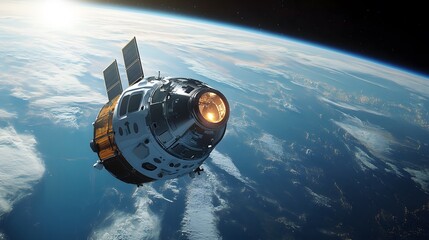 Obraz premium A spacecraft orbiting Earth, showcasing technological advancement and exploration.