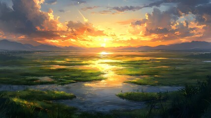 Obraz premium Vibrant sunset over tranquil wetlands, showcasing brilliant colors of nature.