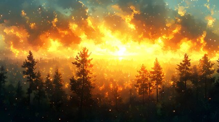 Fototapeta premium Breathtaking sunset over a serene forest landscape with vibrant colors.