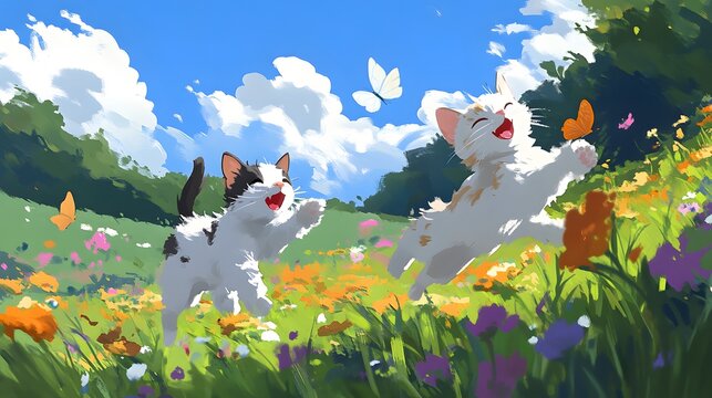 Two playful cats frolic in a vibrant flower-filled meadow under a bright blue sky.