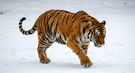 Obraz premium A Bengal tiger in mid-stride, its orange fur and black stripes contrasting sharply against a white background