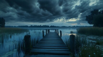 Fototapeta premium A serene wooden dock stretches into a tranquil lake under dramatic cloud cover.