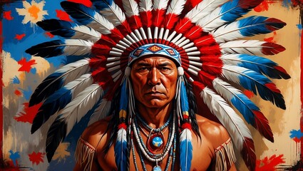 Obraz premium Traditional native american chief in vibrant headdress