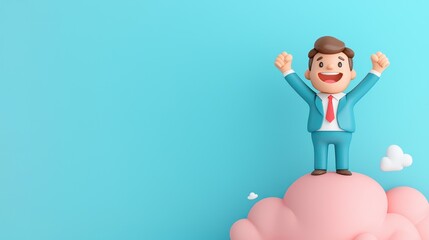 Obraz premium A cheerful businessman in a blue suit stands triumphantly on a pink cloud against a light blue background, celebrating success.