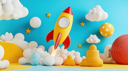 A colorful rocket launching amid fluffy clouds and bright stars against a vibrant blue background.