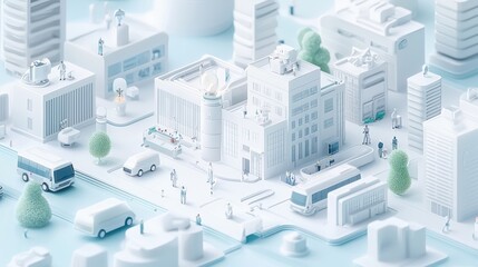 A minimalist urban landscape featuring white buildings, vehicles, and trees, creating a serene city scene.