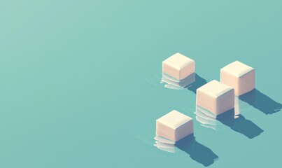 Obraz premium Minimalist abstract image of four white cubes floating on teal water.