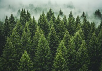Fototapeta premium Misty evergreen forest, aerial view of dense coniferous trees in fog.