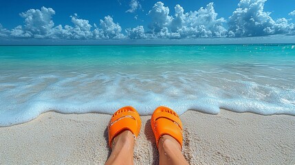 Bright orange sandals resting on sandy beach with gentle waves and vibrant blue sky in background