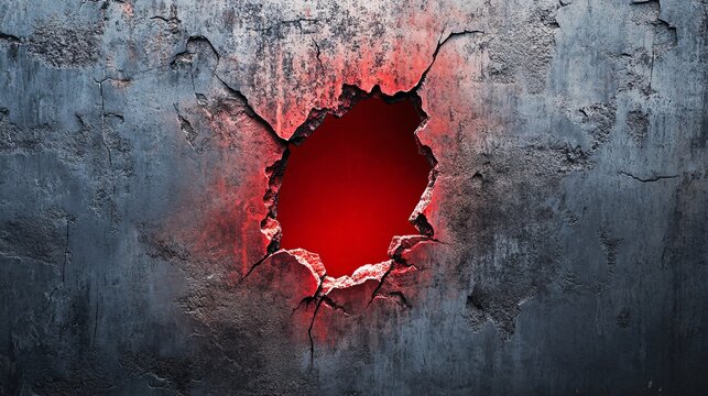 Cracked concrete wall is revealing glowing red light background