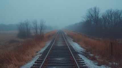 Fototapeta premium Misty Railroad Tracks Vanishing into Fog.