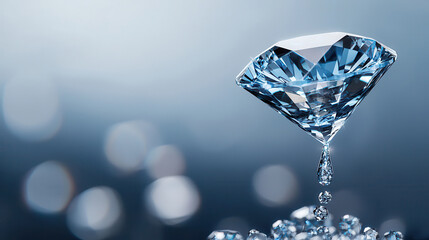 stunning blue diamond with intricate details, suspended above smaller gems, reflecting light beautifully. background features soft bokeh effect, enhancing diamond brilliance