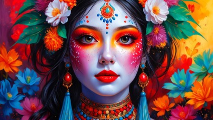 Vibrant portrait showcasing expressive traditional makeup