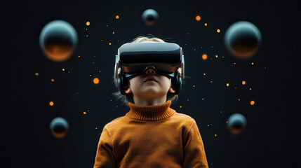 child wearing virtual reality glasses, immersed in digital world with floating spheres. scene captures wonder and curiosity in futuristic setting