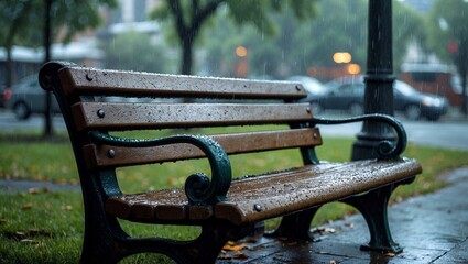 Weathered park bench in tranquil post rain setting